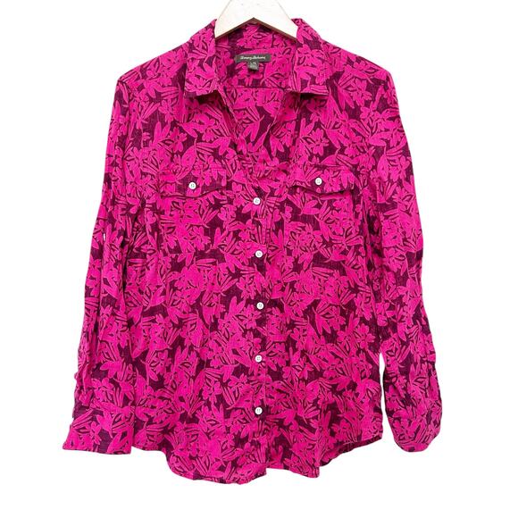 Tommy Bahama Pink Floral Linen Long Sleeve Button Down Sz L - Picture 2 of 4